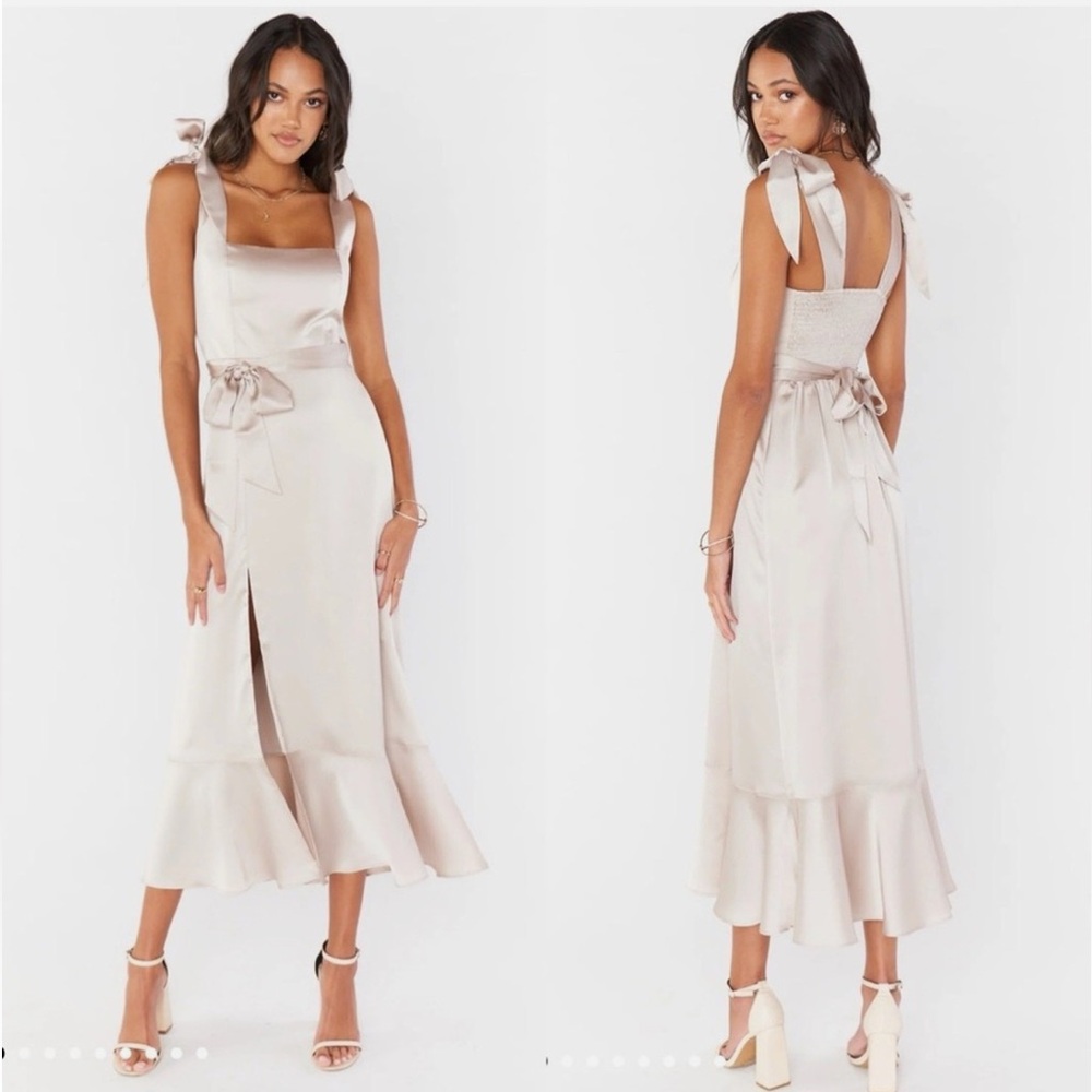 Show Me Your MuMu Claire Midi Dress in Show Me The Ring Luxe Satin